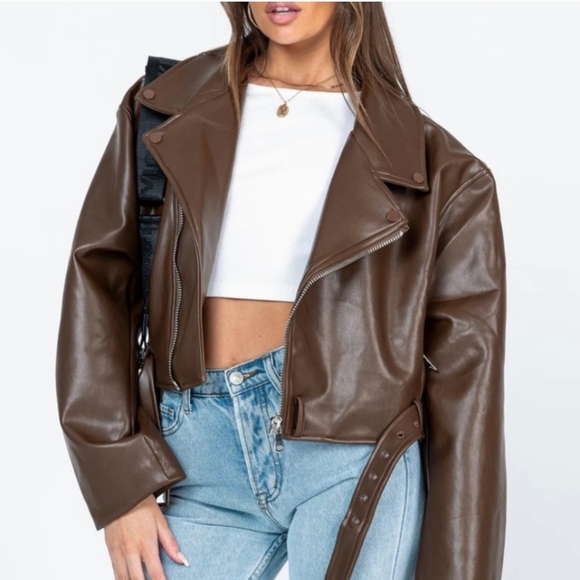LIONESS BROWN/CAMEL CROPPED FAUX LEATHER JACKET - Picture 2 of 6